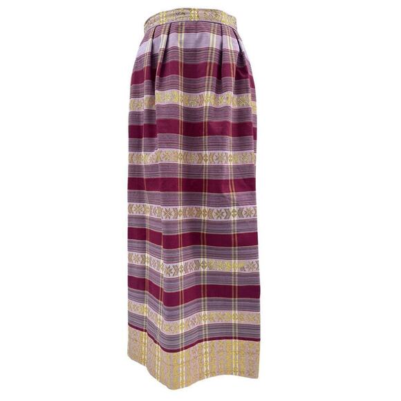 VTG 70s Maxi Skirt Cranberry/Pink Plaid Gold Metallic Thread Pleats Sz S/M - Picture 1 of 6